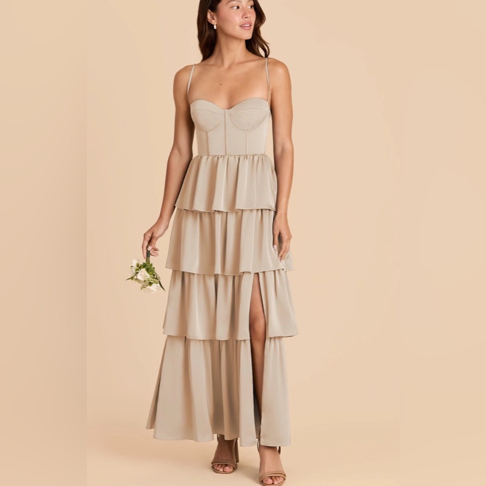 Birdy Grey Lola Lola Matte Satin Tiered Dress in Neutral Champagne sz S